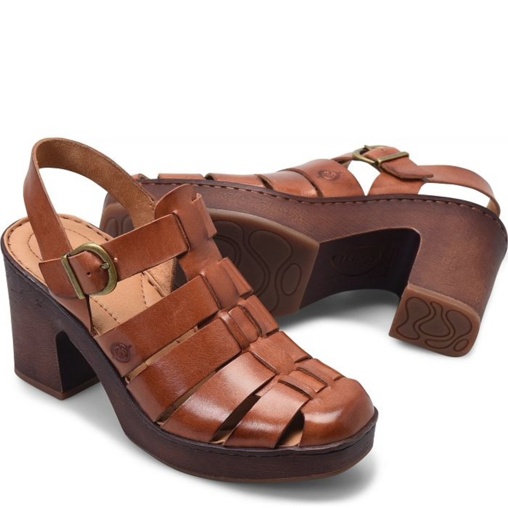 NWT Born Shoes Hartley Womens Cognac Burnished Leather Chunky Heel Sandals SZ9